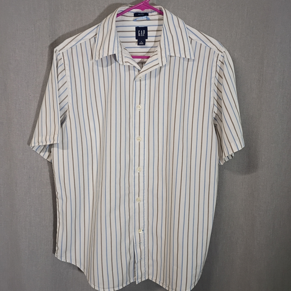 GAP Men's White Shirt w/Tan & Blue Stripes Fitted Style
